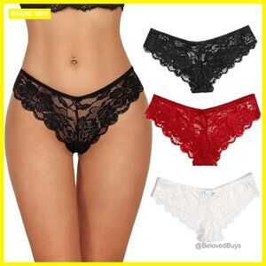 Floral Lace Hipster Panties V-Shape Waistband Cheeky Bikini Size Medium